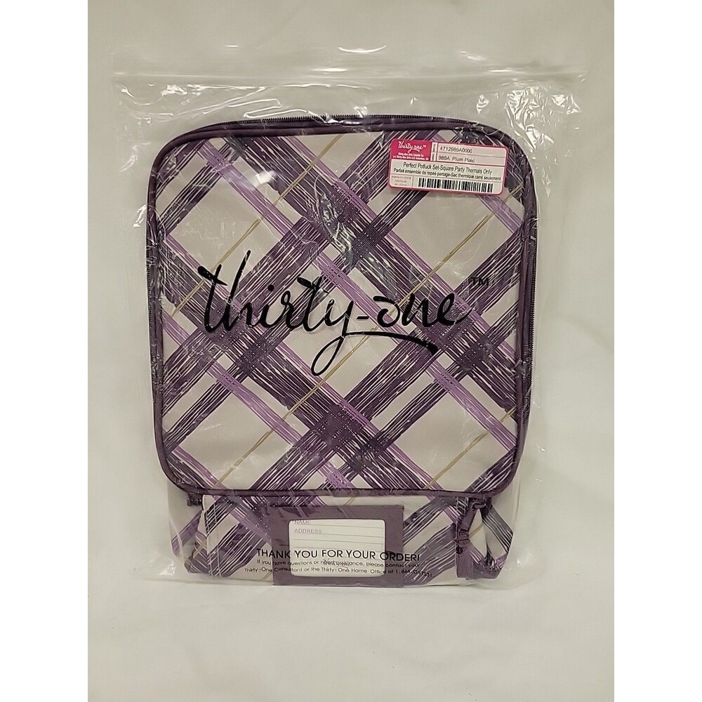 Thirty-One Perfect Potluck SQUARE Party Thermal Plum Plaid NIP